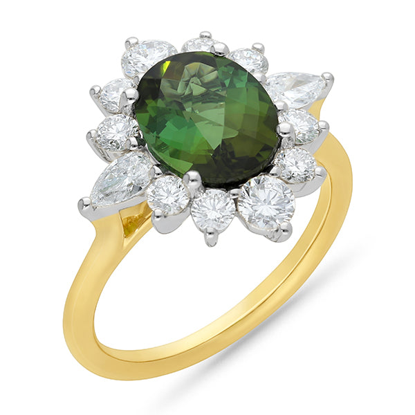 Green Tourmaline and Diamond Cluster Dress Ring.