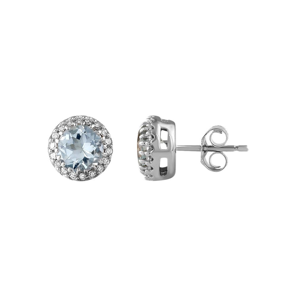 Aquamarine Stud Earrings with 0.05ct Diamond In 9K White Gold