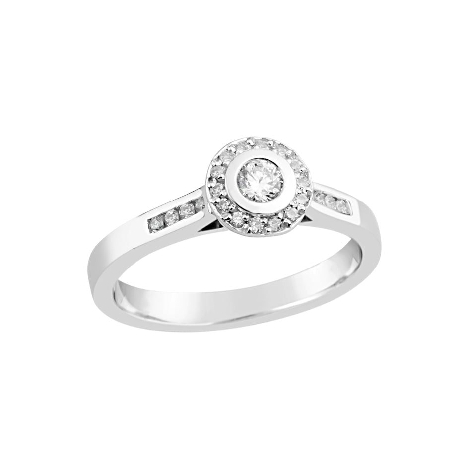 9K WHITE GOLD ROUND HALO DIAMOND RING