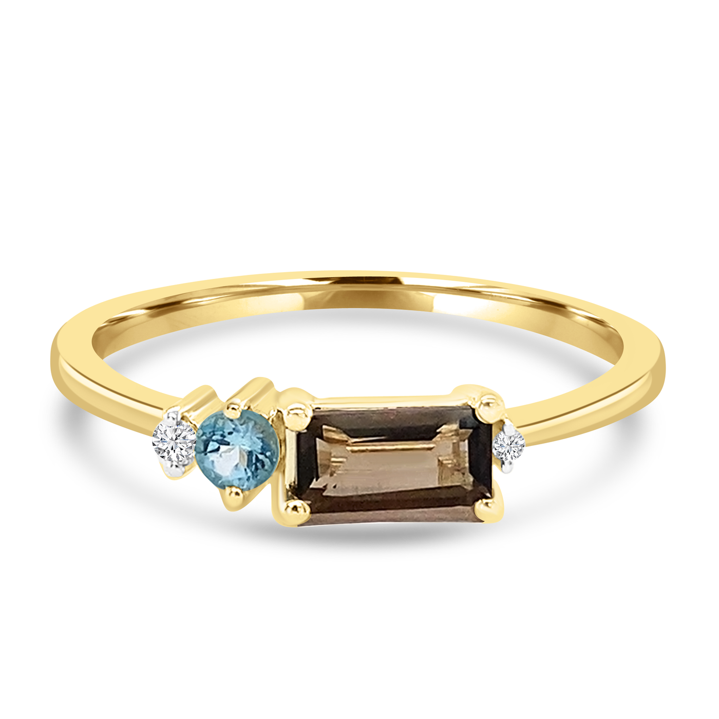 9K Yellow Gold Smokey Topaz, Blue Topaz & Diamond Dress Ring