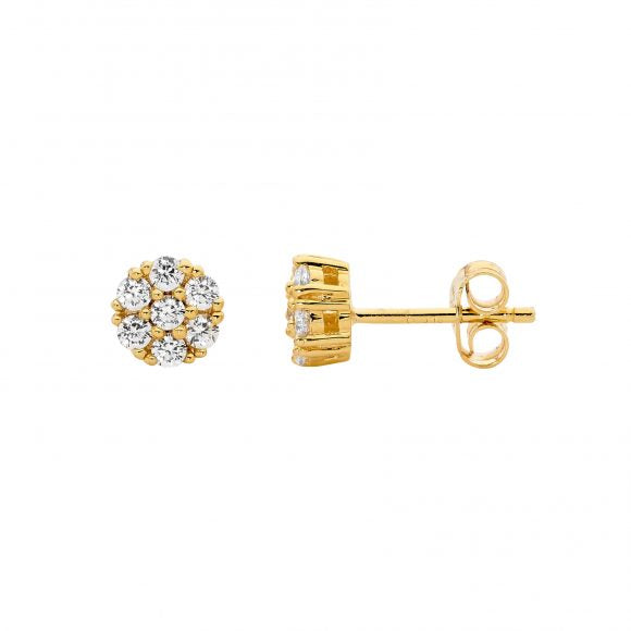 SS Zirconia Cluster Stud Earrings - gold tone