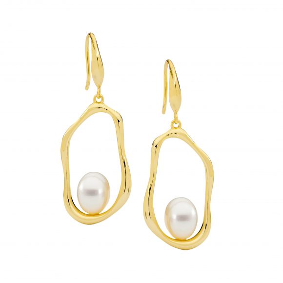 Freshwater Pearl Wave Earrings- gold-tone