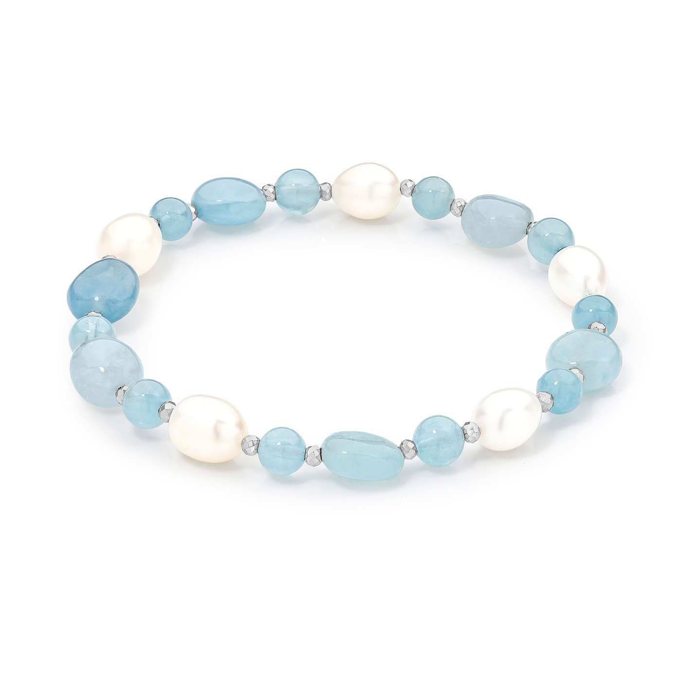 Sterling Silver  Aquamarine, Hematite, Freshwater Pearl Elastic Bracelet 19cm