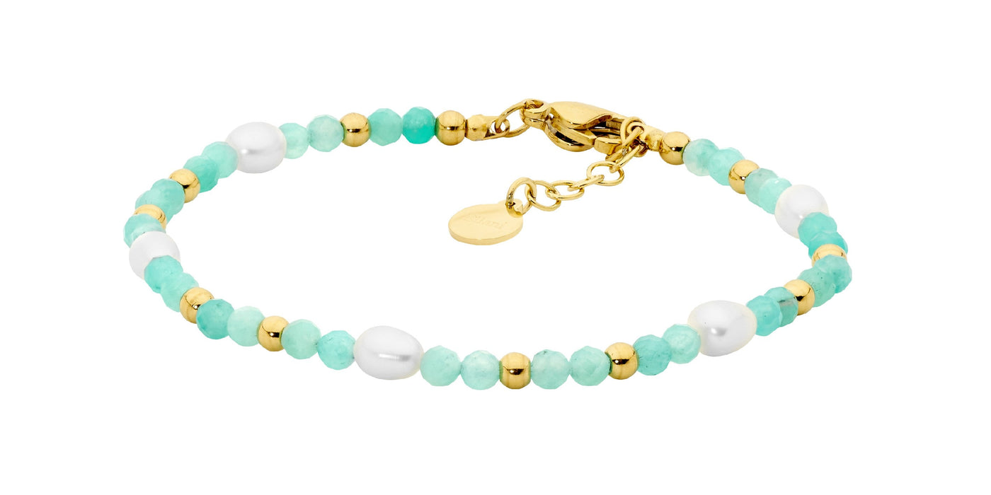 Stainless Steel Gold Plated Amazonite & Freshwater Pearl Bracelet