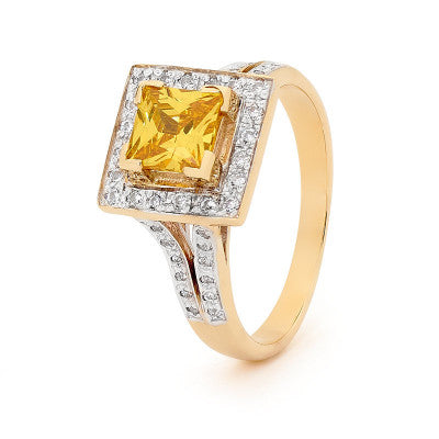 9K Citrine-colour Zirconia Princess Ring