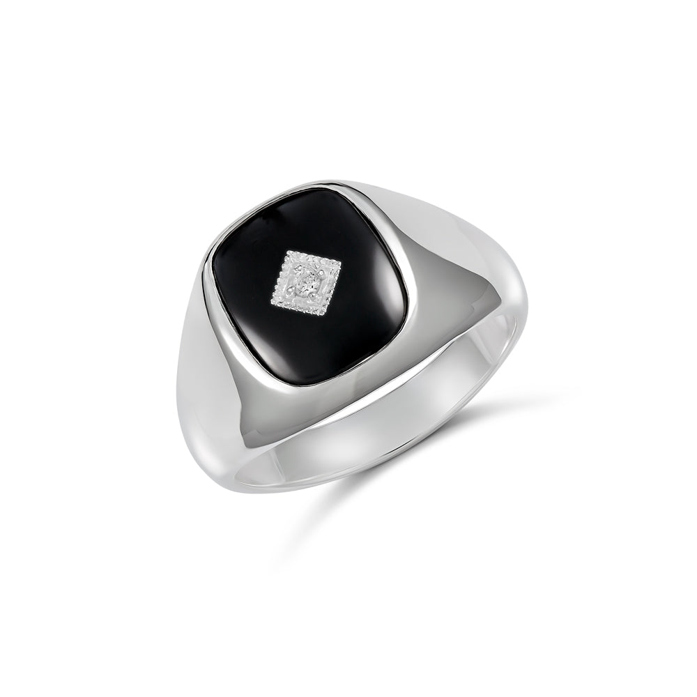 Sterling Silver 12x10mm cushion Black Onyx Gents ring centre set with Cubic Zirconia