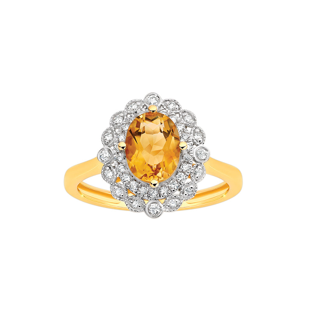 9k Yellow Gold Oval Citrine and Diamond Ring. TDW=0.21ct