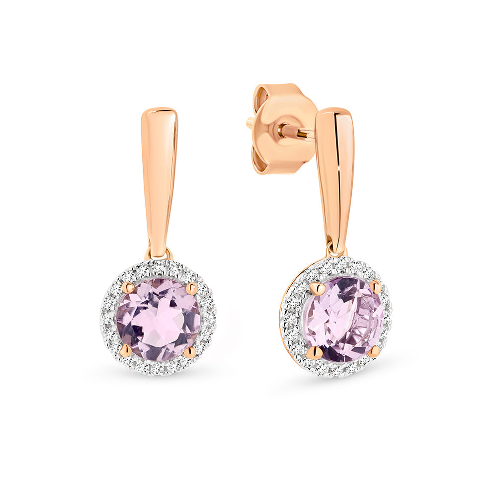 9k Rose Gold Pink Amethyst & Diamond Earrings