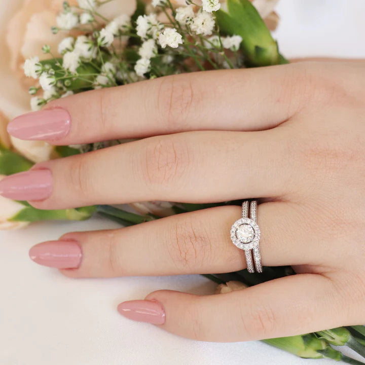 WHITE GOLD Halo Engagement & Wedding Ring Set