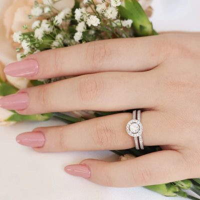 WHITE GOLD Halo Engagement & Wedding Ring Set