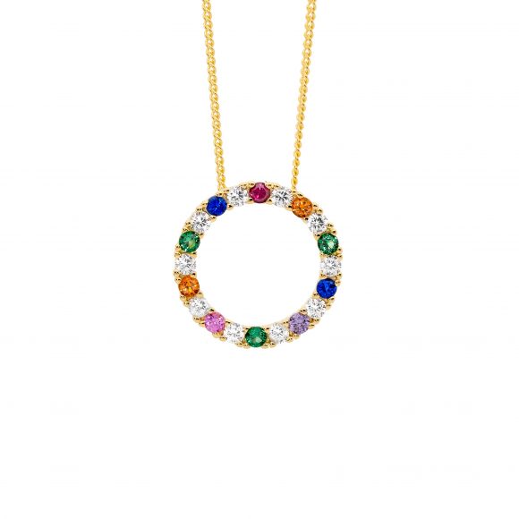 Sterling Silver Multicolored Open Circle Necklace- Yellow Gold Plated