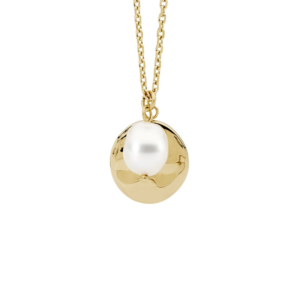 Stainless Steel Disc and Pearl Necklace Yellow  Gold-Plated